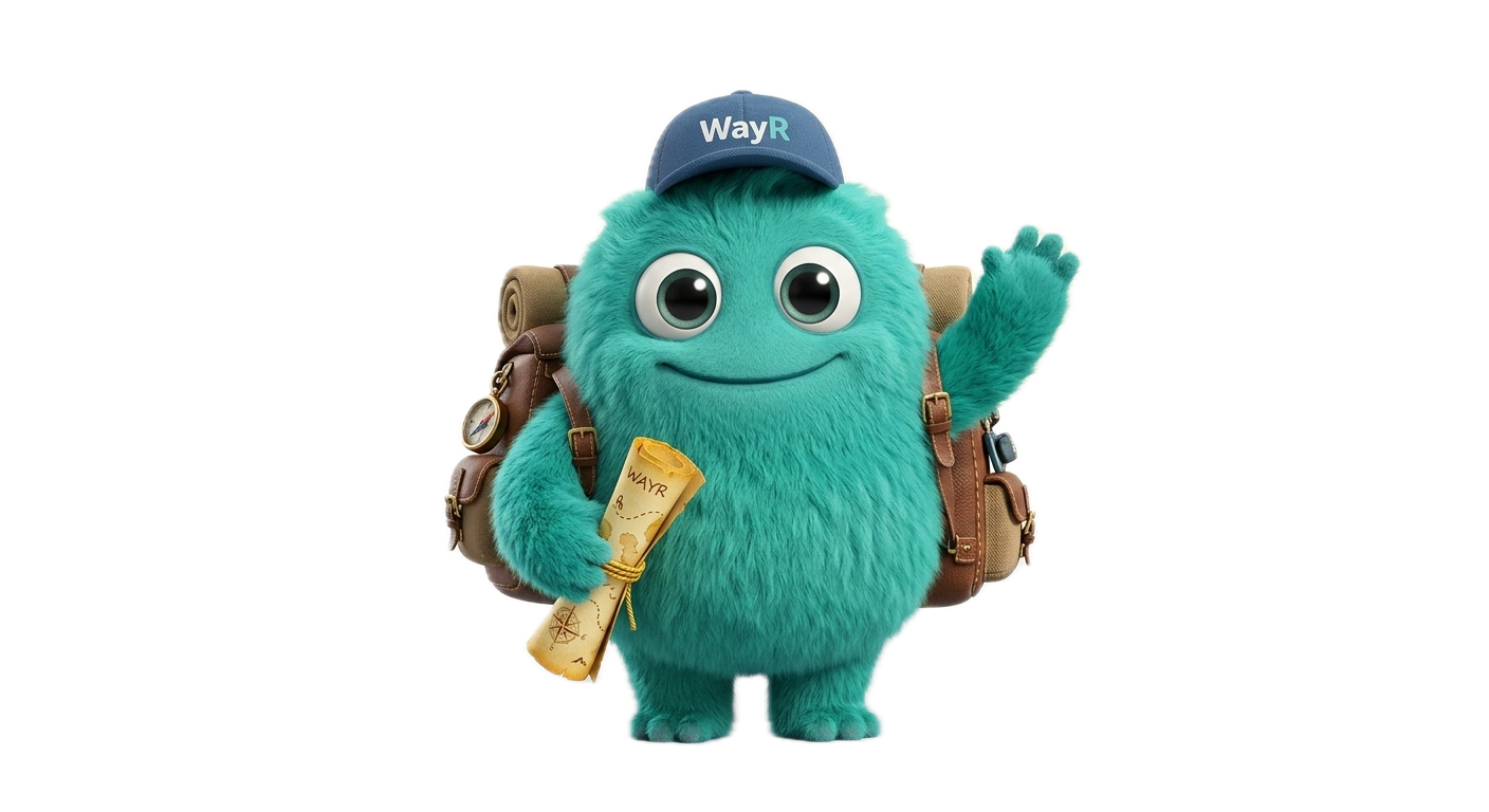 WayR mascot - a friendly teal creature with a travel backpack